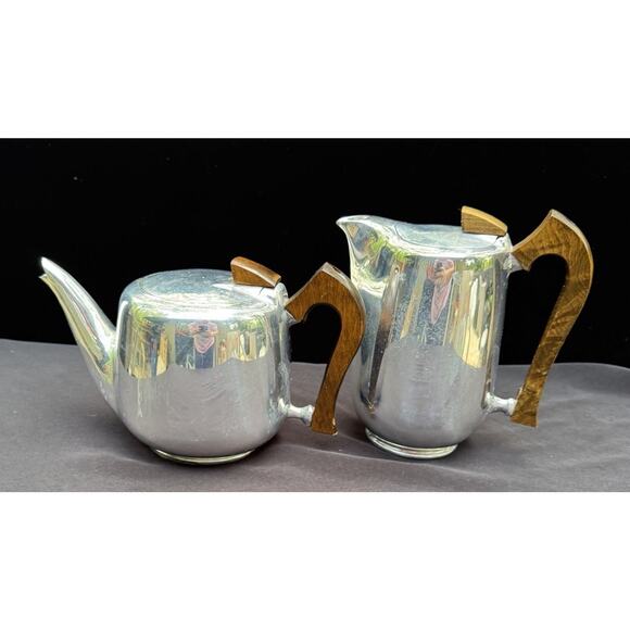 Vtg Picquot Ware Tea & Coffee Pots Wood Handle Mid Century Modern MCM England - Picture 2 of 12